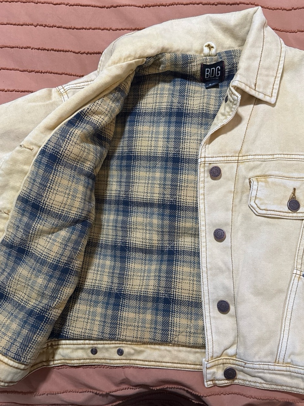 BDG Cream Denim Jacket with Blue Plaid Lining